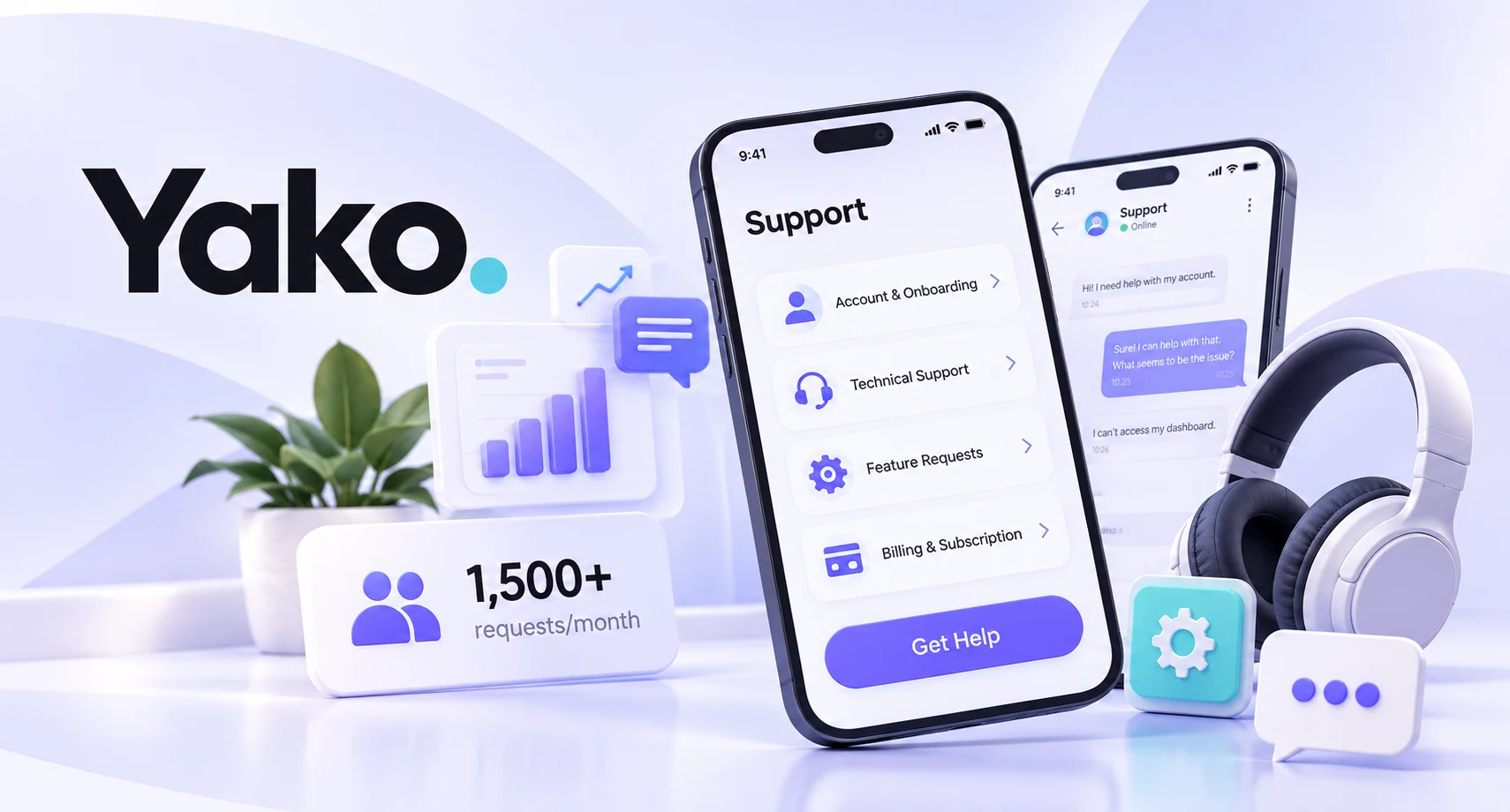 Yako case study illustration: mobile app support screens for account, technical, and billing help